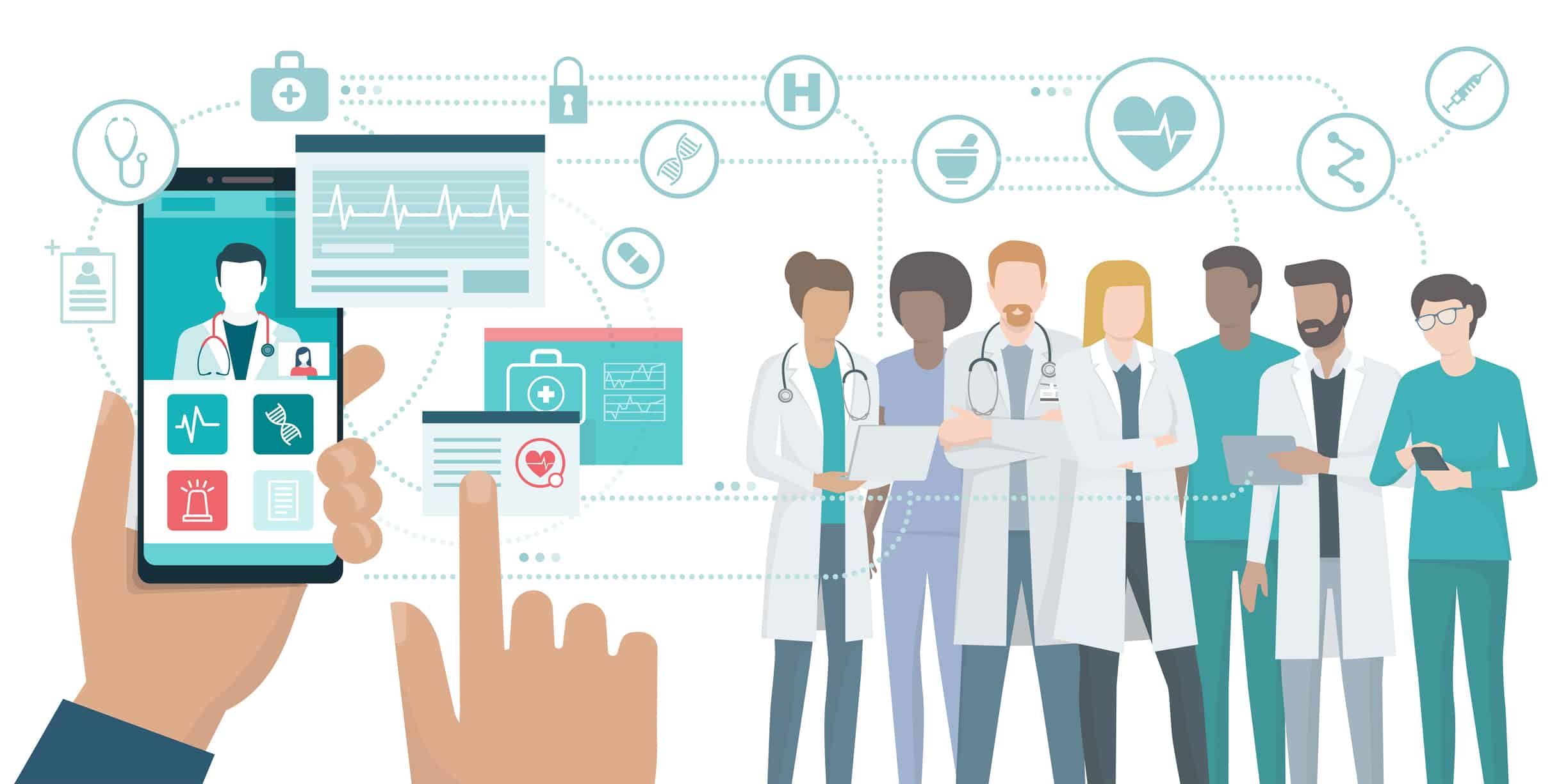 Medical team and healthcare app User video calling a doctor using and healthcare app on his smartphone and professional medical team connected: online medical consultation concept